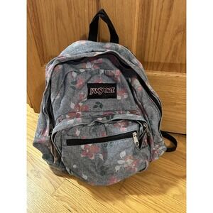 Jansport Floral Grey Blue Denim Backpack Suede Bottom Padded Laptop School Y2K